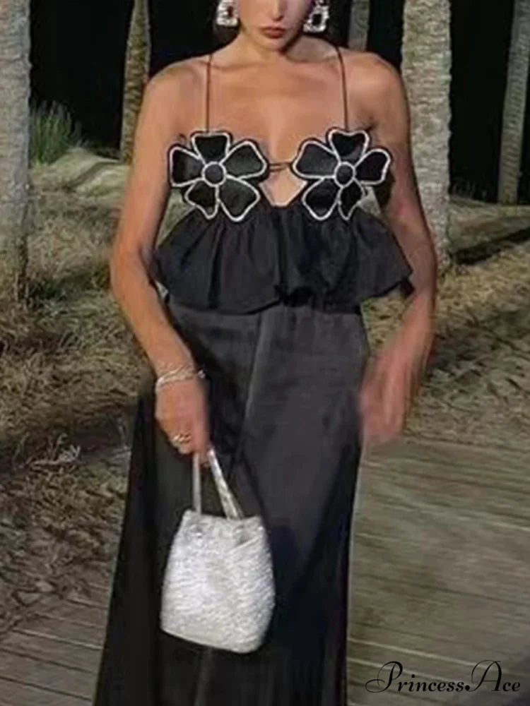 3D Blossom Spaghetti Strap Open-Back Crop Top