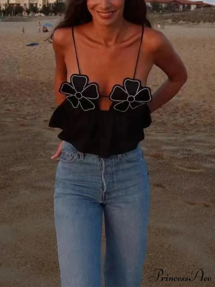 3D Blossom Spaghetti Strap Open-Back Crop Top