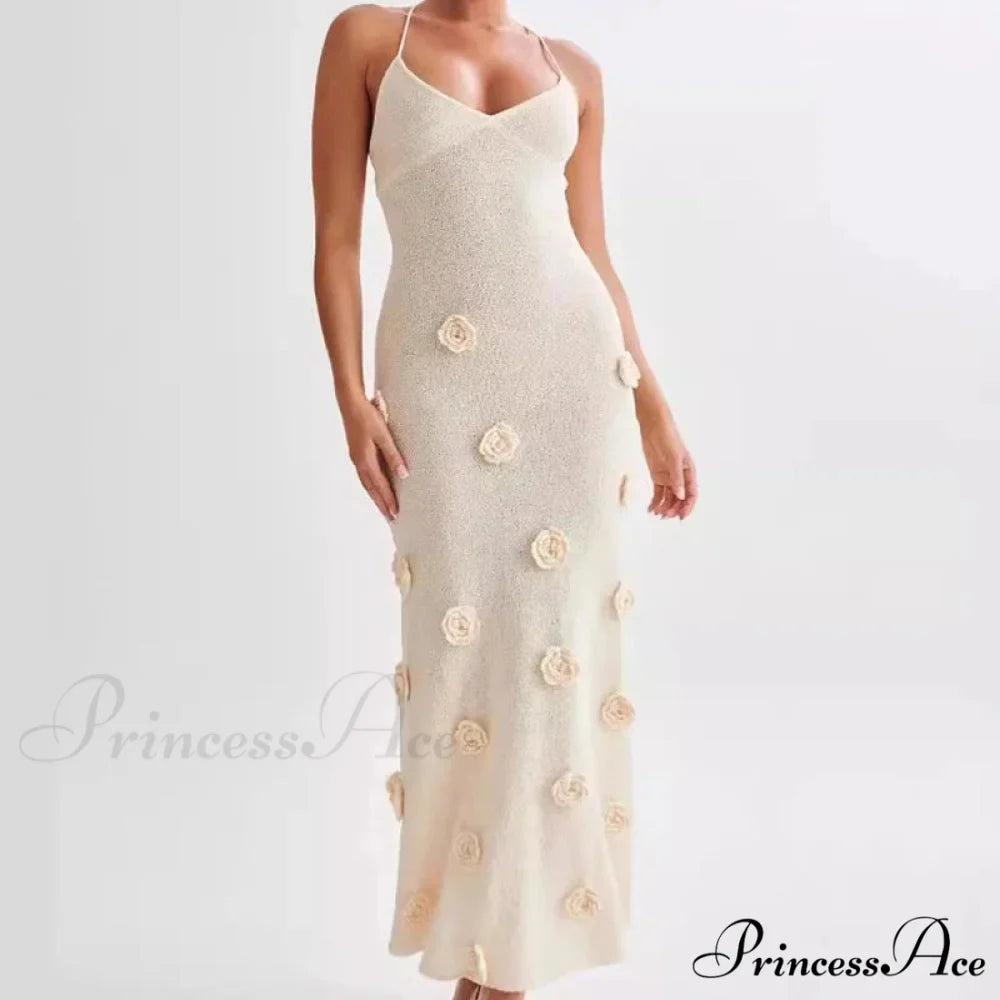 3D Blossom V-neck Open-Back Lace-Up Maxi Floral Gown