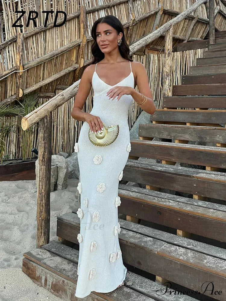 3D Blossom V-neck Open-Back Lace-Up Maxi Floral Gown