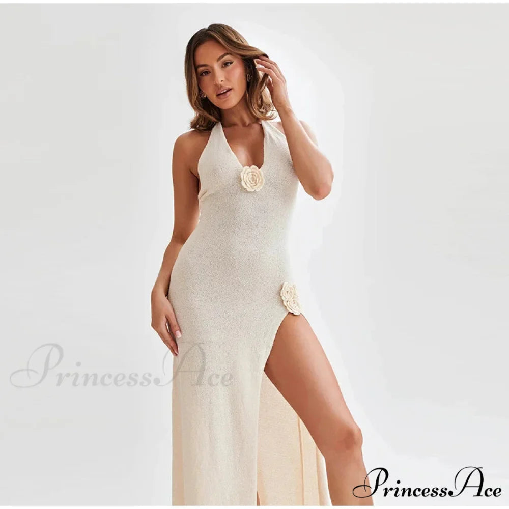 3D Blossom V-neck Open-Back Lace-Up Maxi Floral Gown