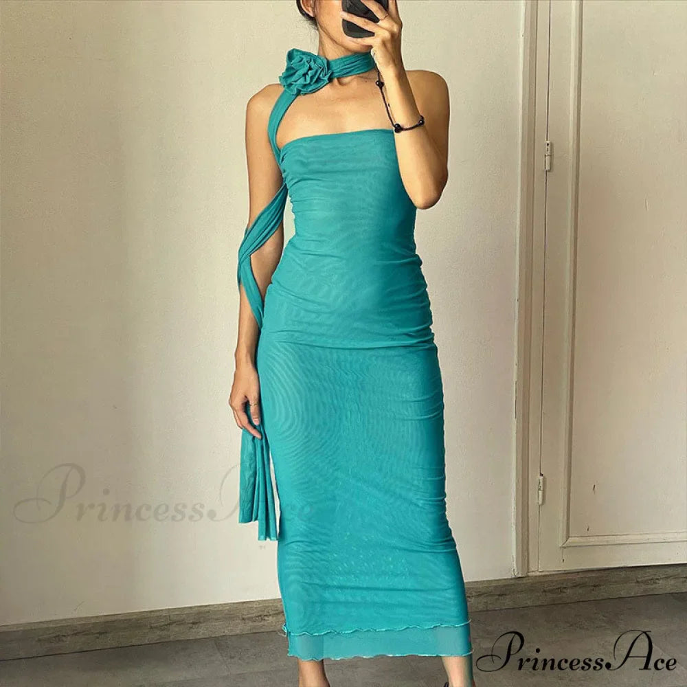 3D Floral Choker Detail Strapless Classic Bodycon Party Midi Dress - Black