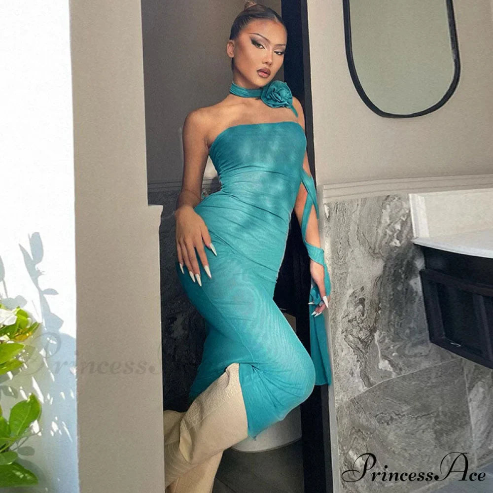 3D Floral Choker Detail Strapless Classic Bodycon Party Midi Dress - Black