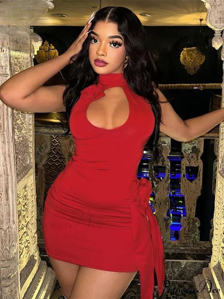 3D Flower Decoration Red Vacation Dresses Sexy Hollow Backless Bodycon Christmas Party Dress