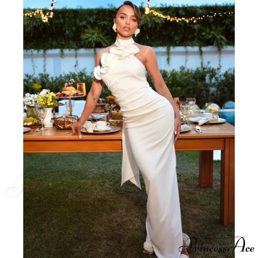 3D Flowers Lace Up Halter Party Dress