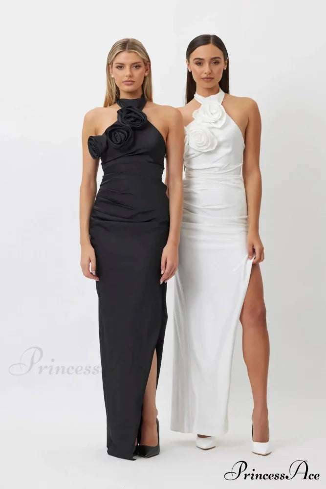 3D Flowers Lace Up Halter Party Dress