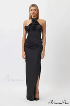 3D Flowers Lace Up Halter Party Dress