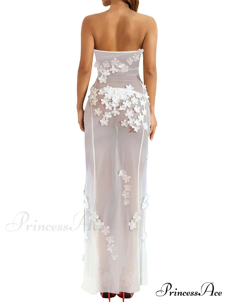 3D Flowers Patchwork Tube for Women Strapless Off Shoulder Mesh Sheer See Through Summer Vestidos