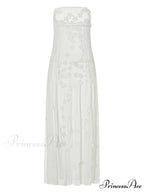 3D Flowers Patchwork Tube for Women Strapless Off Shoulder Mesh Sheer See Through Summer Vestidos