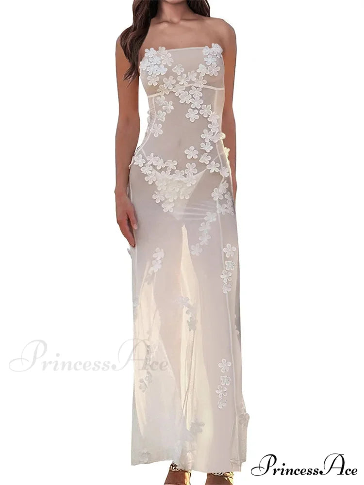 3D Flowers Patchwork Tube for Women Strapless Off Shoulder Mesh Sheer See Through Summer Vestidos