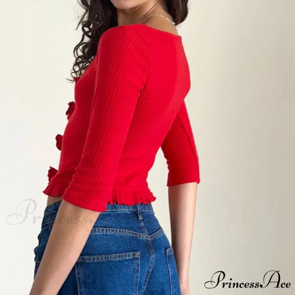 3D Rosette Front Hollow Out Retro Half Sleeve Sophisticated Woman Slim Fit Y2K Crop Top