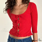 3D Rosette Front Hollow Out Retro Half Sleeve Sophisticated Woman Slim Fit Y2K Crop Top