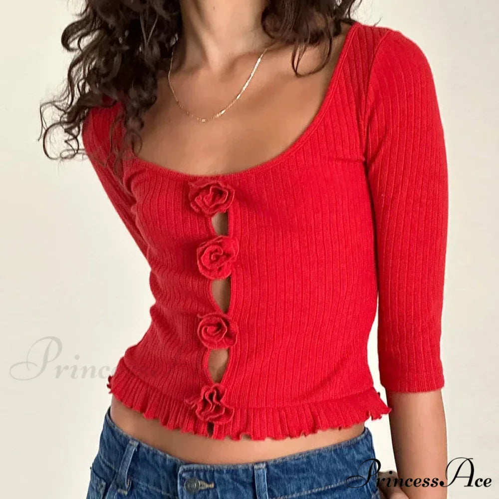 3D Rosette Front Hollow Out Retro Half Sleeve Sophisticated Woman Slim Fit Y2K Crop Top