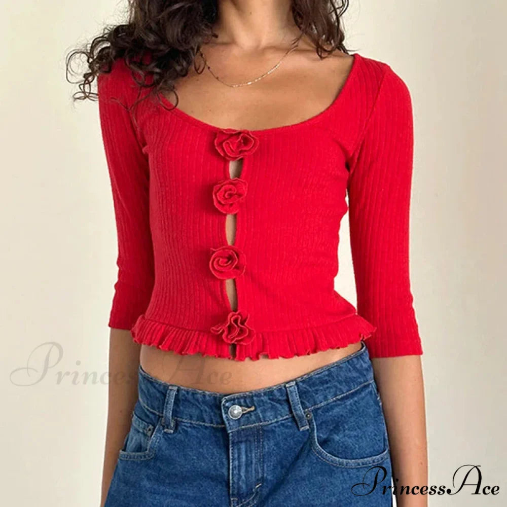 3D Rosette Front Hollow Out Retro Half Sleeve Sophisticated Woman Slim Fit Y2K Crop Top