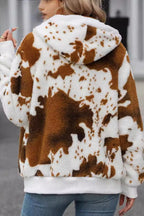 Plush Hooded Fleece Zippered Printed Coat