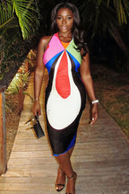 Rainbow Print Backless Halter Maxi Dress