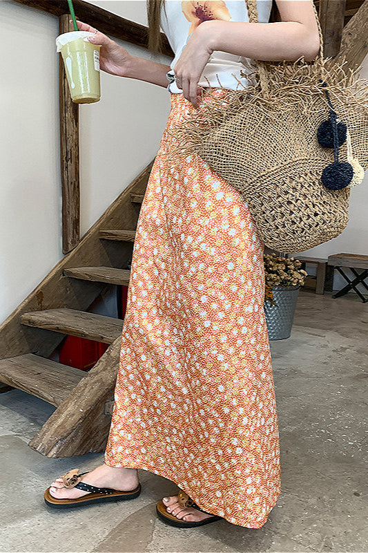 Floral Orange A Line Midi Skirt