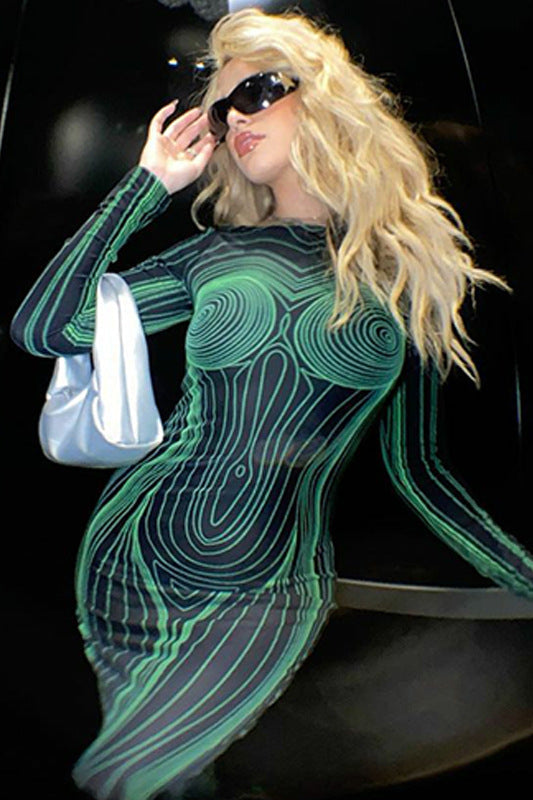 Backless Floral Print Bodycon Long Sleeve Maxi Dress