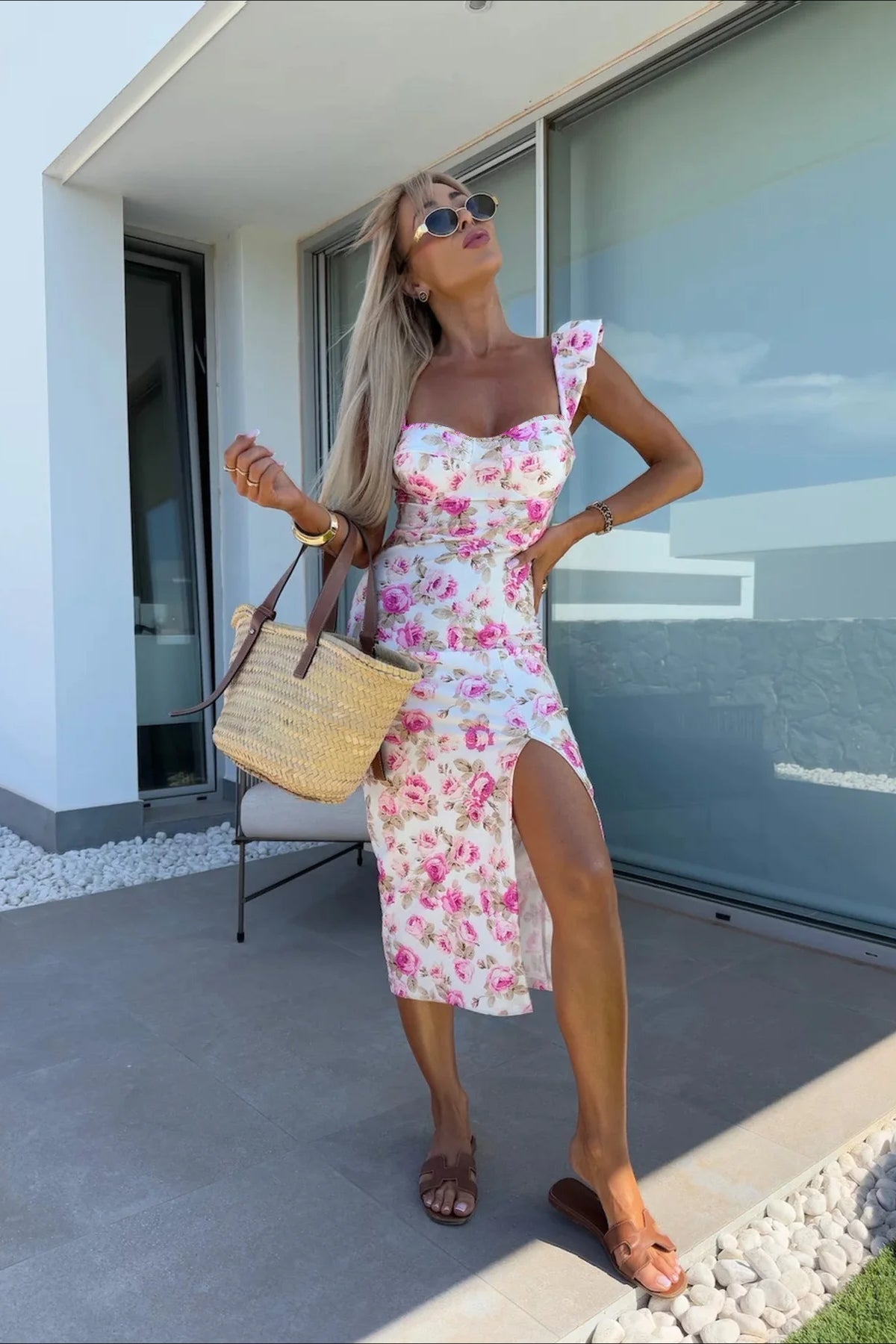 Spaghetti Strap Slit Midi Floral Dress