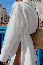 White Long Sleeve Tie Front Linen Blouse