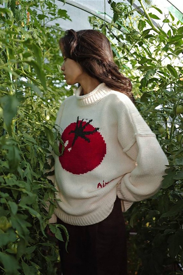Embroidered Tomato Pattern Knit Sweater