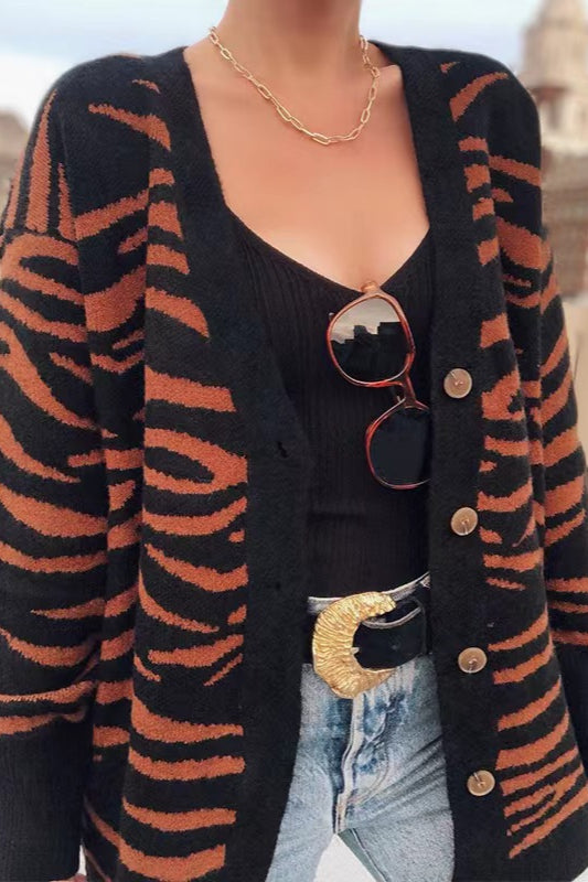 Casual Buttoned Zebra Knit Cardigan