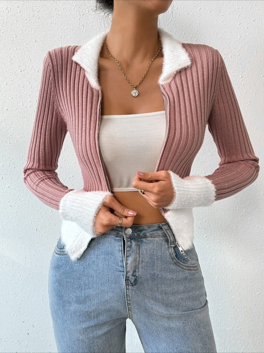 Zip-Front Fitted Knit Cardigan