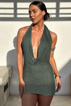 V-Neck Backless Strap Wool Bodycon Mini Dress