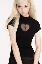 Gothic Cutout Cross Mock Neck T-Shirt