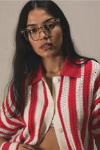 Colorblock Striped Folded Collar Knit Cardigan