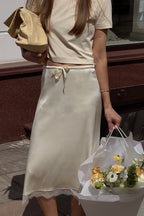 Lace Trim Tie-Up Midi Skirt