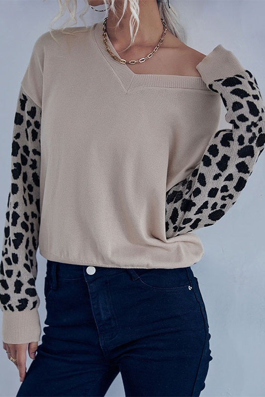 Knit V-Neck Leopard Panel Sweater