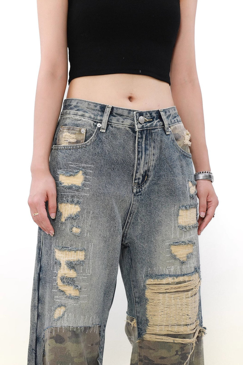 Camouflage Patchwork Distressed Wide Jeans