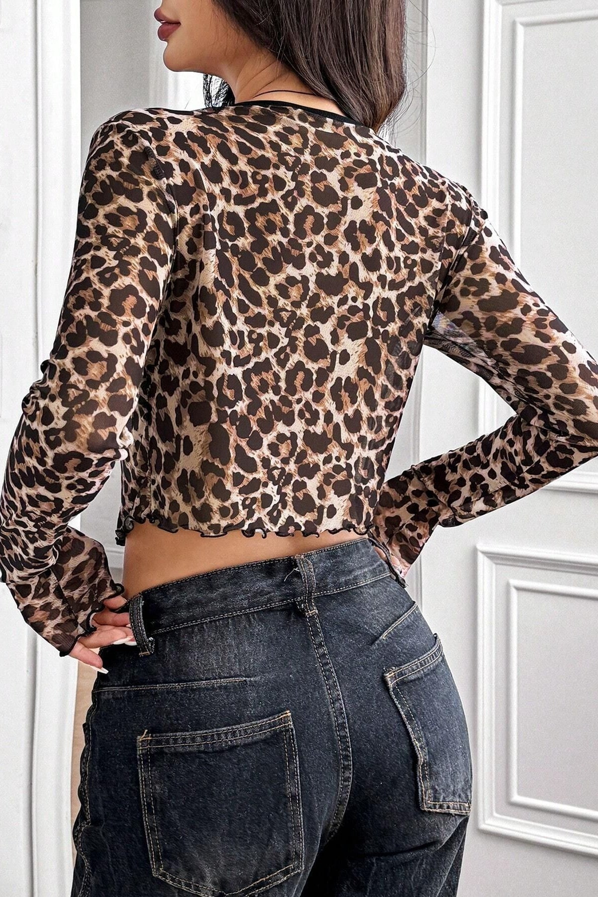 Long Sleeve Mesh Leopard Crop Top