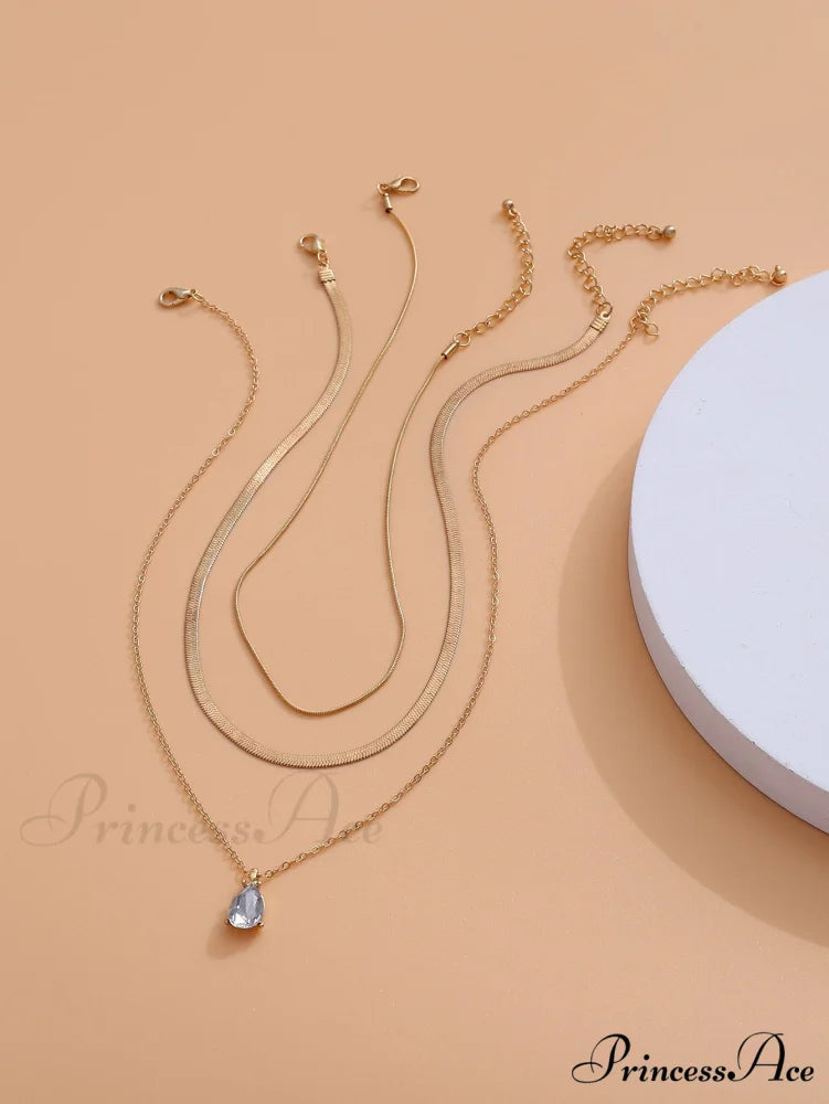 3pcs Rhinestone Water-drop Charm Necklace
