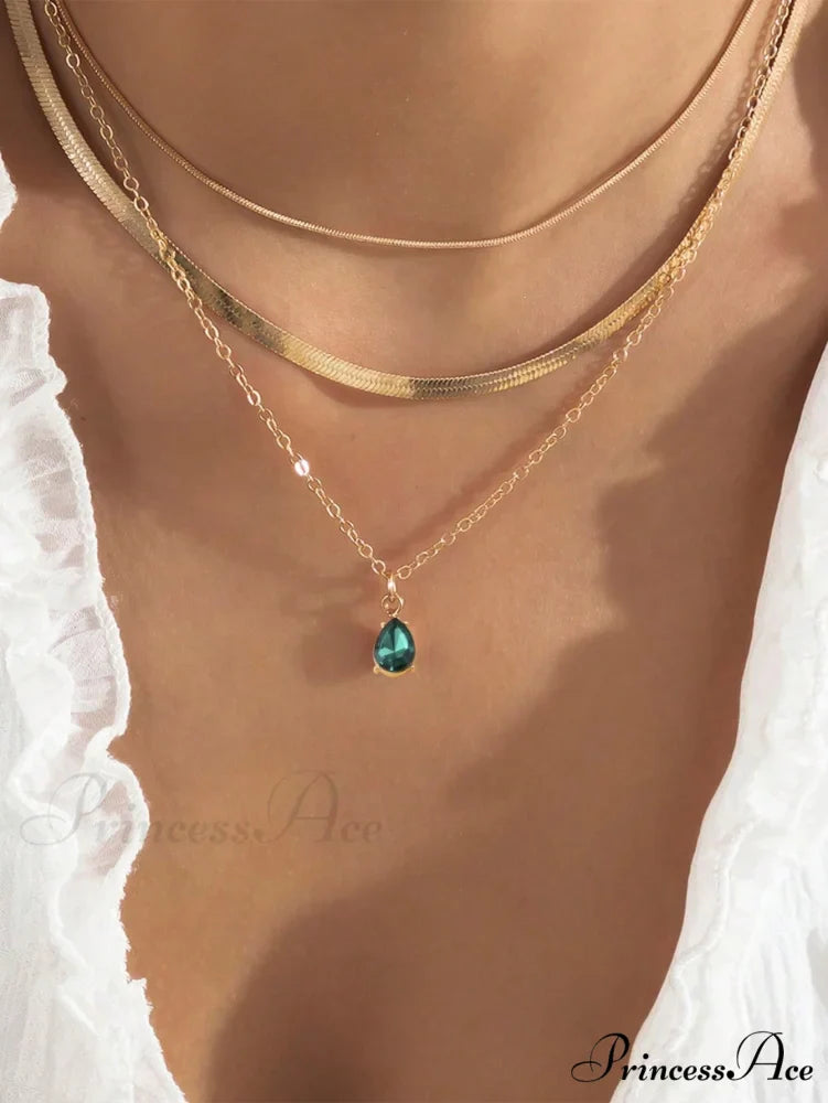 3pcs Rhinestone Water-drop Charm Necklace