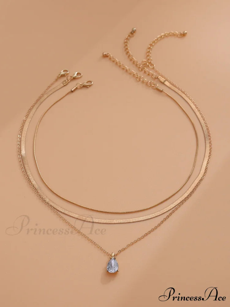 3pcs Rhinestone Water-drop Charm Necklace