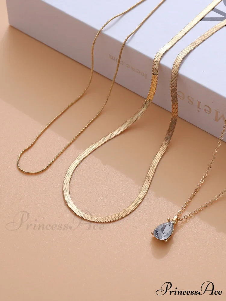 3pcs Rhinestone Water-drop Charm Necklace