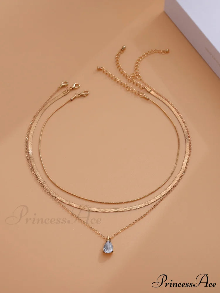 3pcs Rhinestone Water-drop Charm Necklace