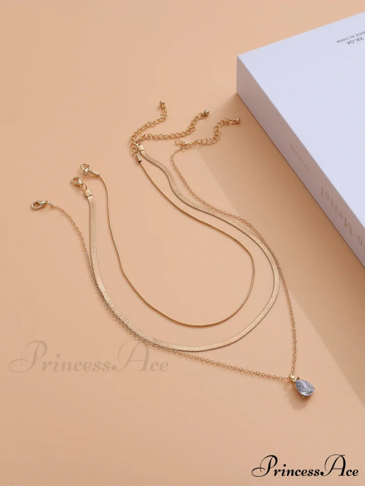 3pcs Rhinestone Water-drop Charm Necklace