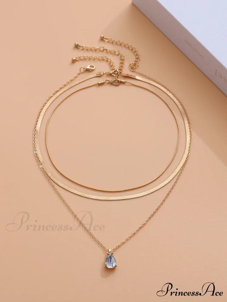 3pcs Rhinestone Water-drop Charm Necklace
