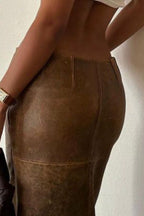 PU Leather Slim Fit Split Midi Skirt