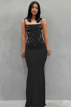 Sexy Sleeveless Rhinestone Waist Cinch Maxi Dress