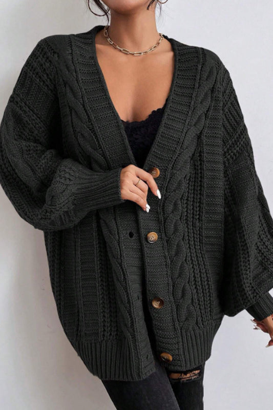 V-Neck Vintage Cable Knit Balloon Sleeve Cardigan