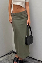 French Style Green High Waist Straight Midi Skirt