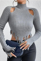 Distressed High Neck Cropped Knit Sweater