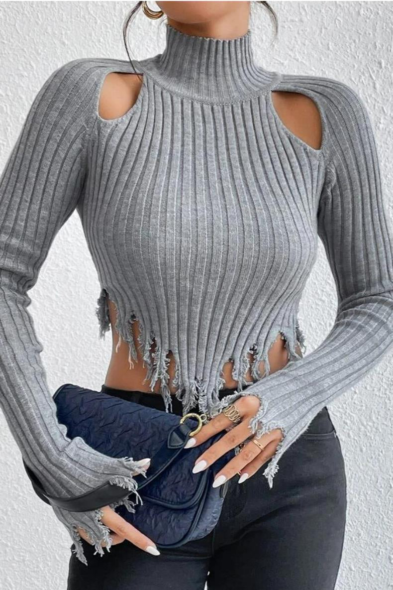 Distressed High Neck Cropped Knit Sweater