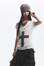 Foil Cross Loose V-Neck T-Shirt