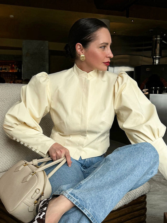 Stand Collar Puff Sleeve Blouse
