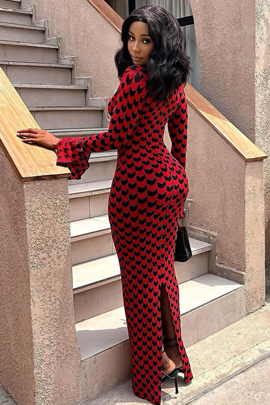 Trendy Hollow Bell Sleeve Floral Print Bodycon Maxi Dress